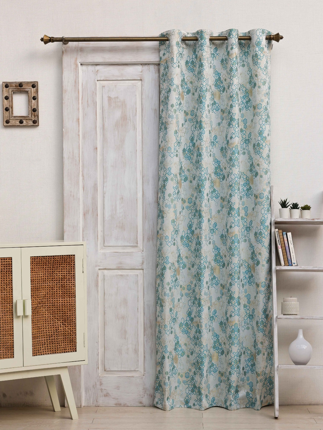 Ariana Turquoise Blue & Cream Geometric Printed Room Darkening Door Curtain