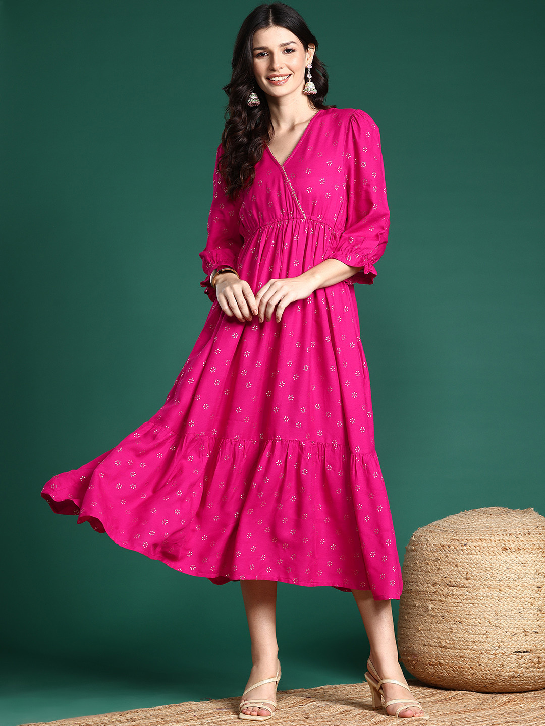 Sangria Foil Printed Wrap Tiered Midi Ethnic Dress