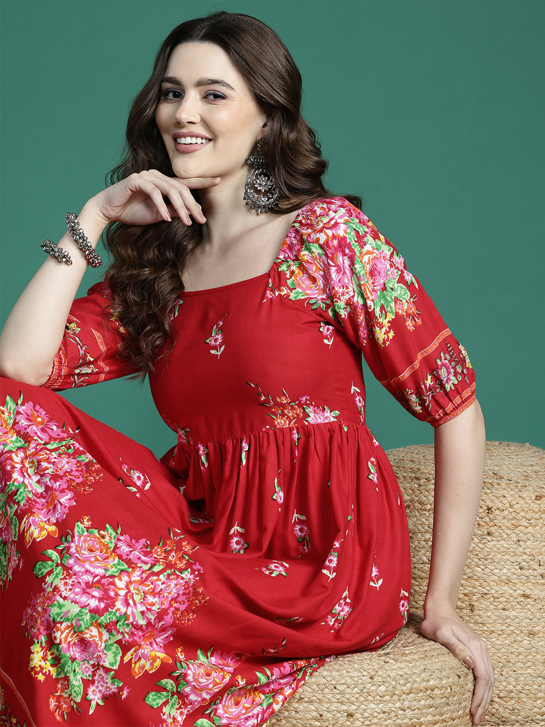 Sangria Midi Floral Print Ethnic Fit & Flare Dress