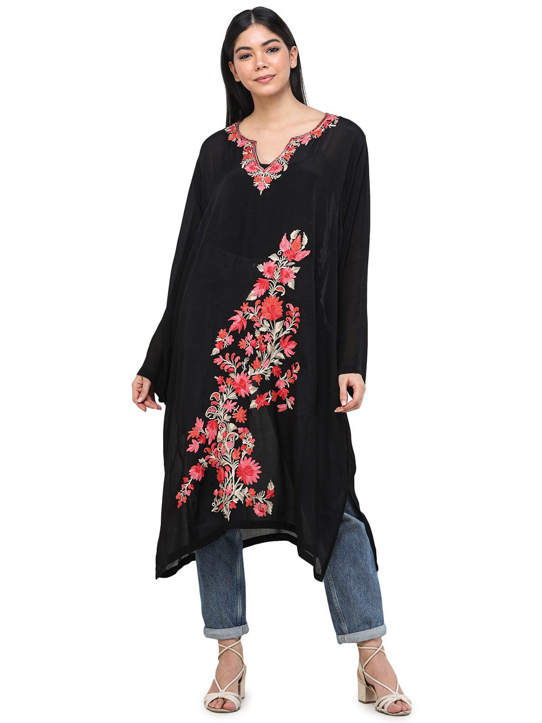 Exotic India Coral And Black Georgette Kashmiri Short Phiran with Embroidered Flowers