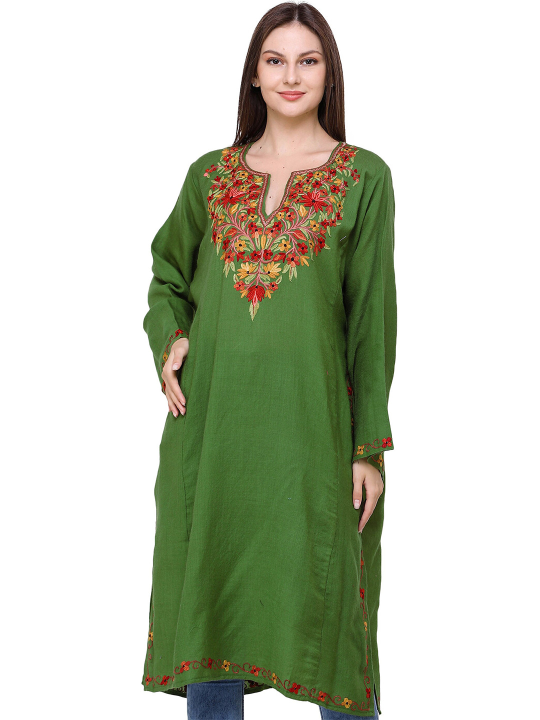Exotic India Forrest Green Wool Kashmiri Phiran with Aari Embroidery on Neck