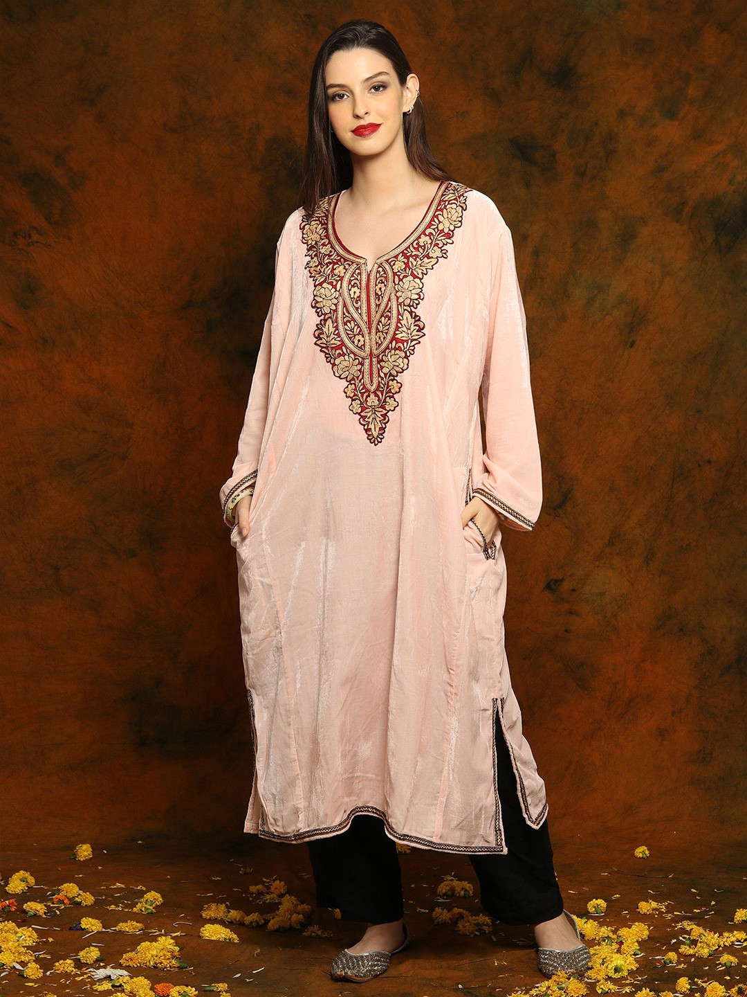 Exotic India Paisley Aari Embroidered Baby-Pink Silk Kashmiri Phiran