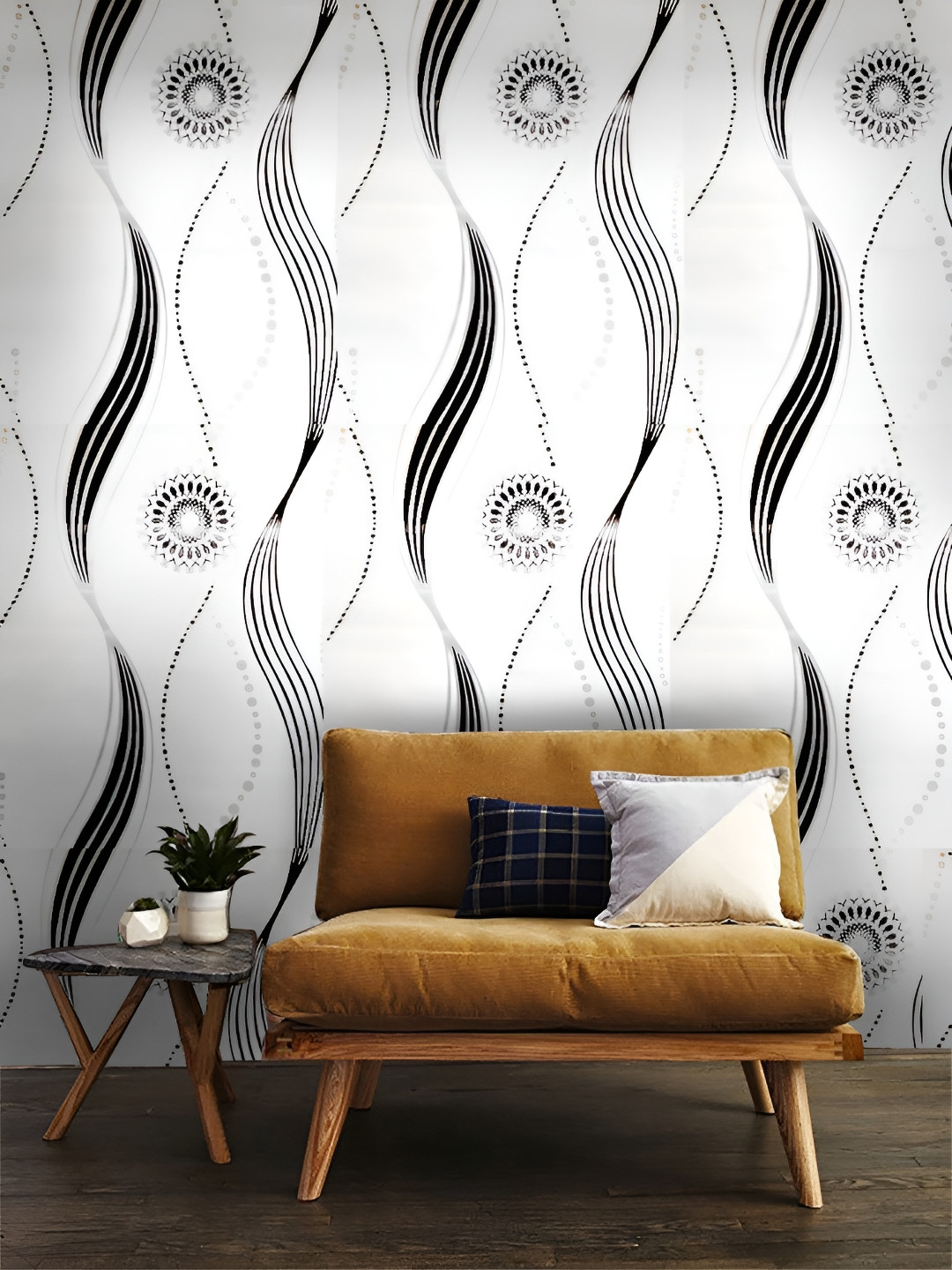 Asian royal White & Black Abstract Self Adhesive Heat Resistant Waterproof Wall Sticker