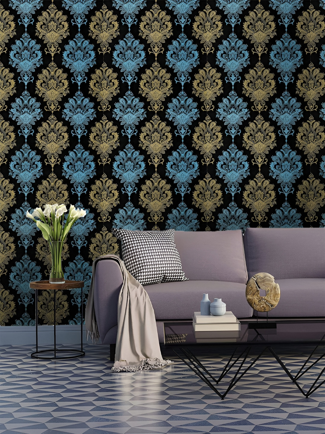 Asian royal Blue & Black Floral Printed Self Adhesive Waterproof Wall Sticker
