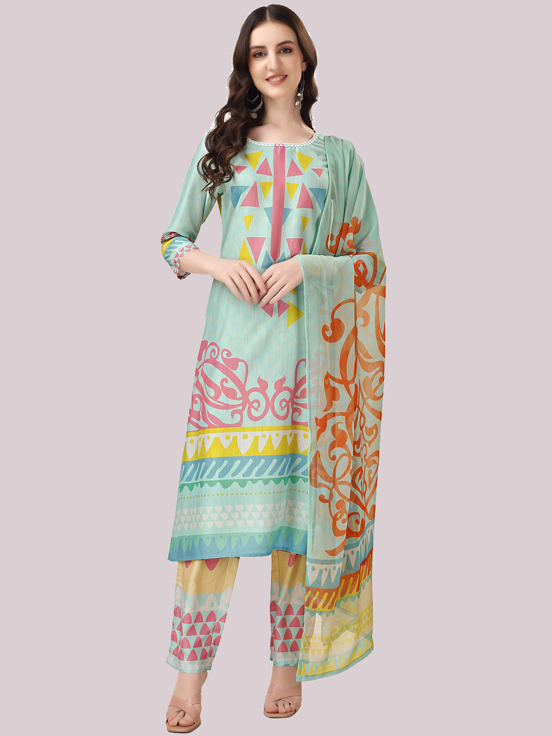 FAB GALAXY Women Geometric Printed Straight Cotton Blend Kurta with Trouser & Dupatta