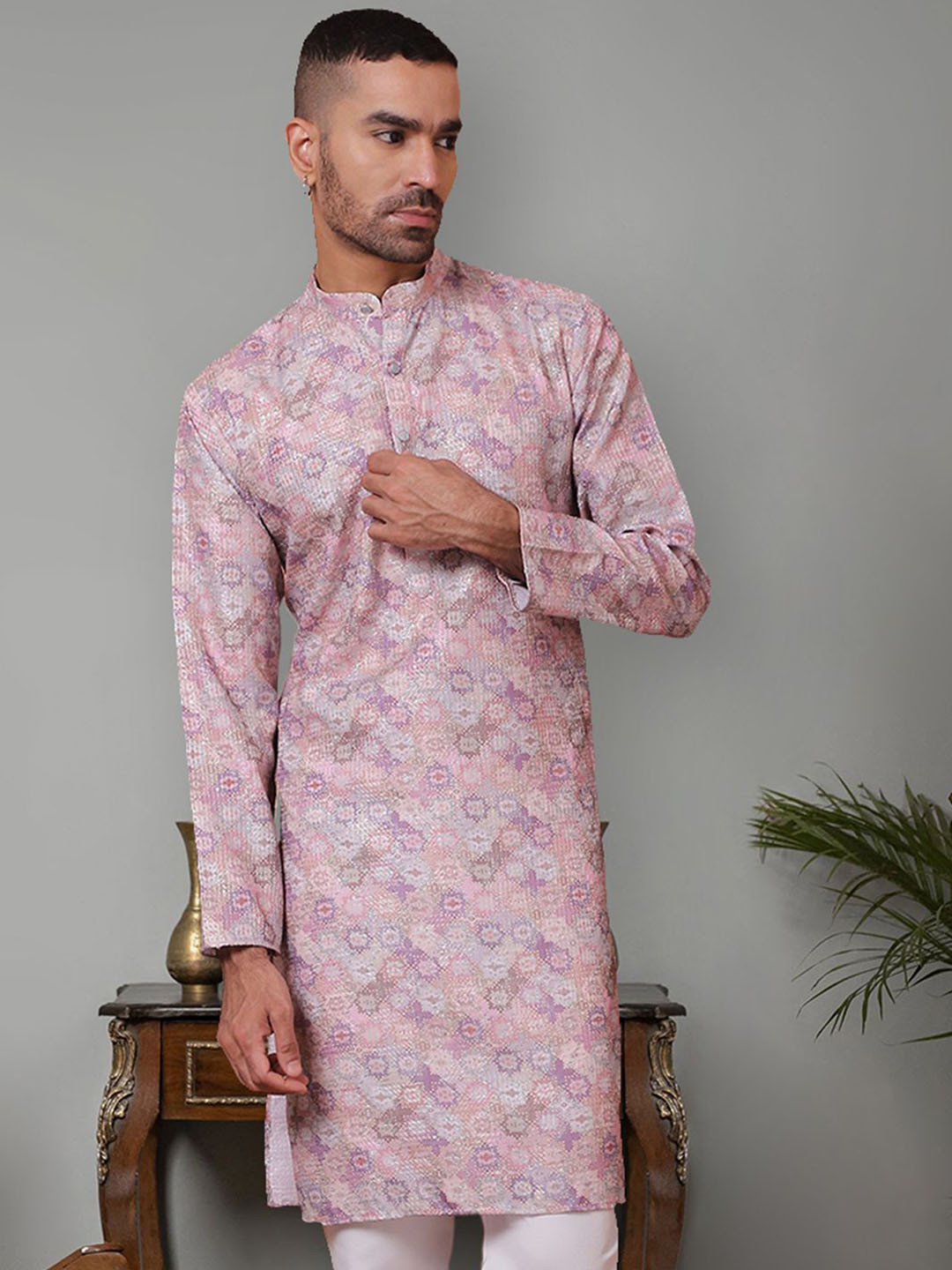 Jompers Men Geometric Flared Sleeves Patchwork Kurta