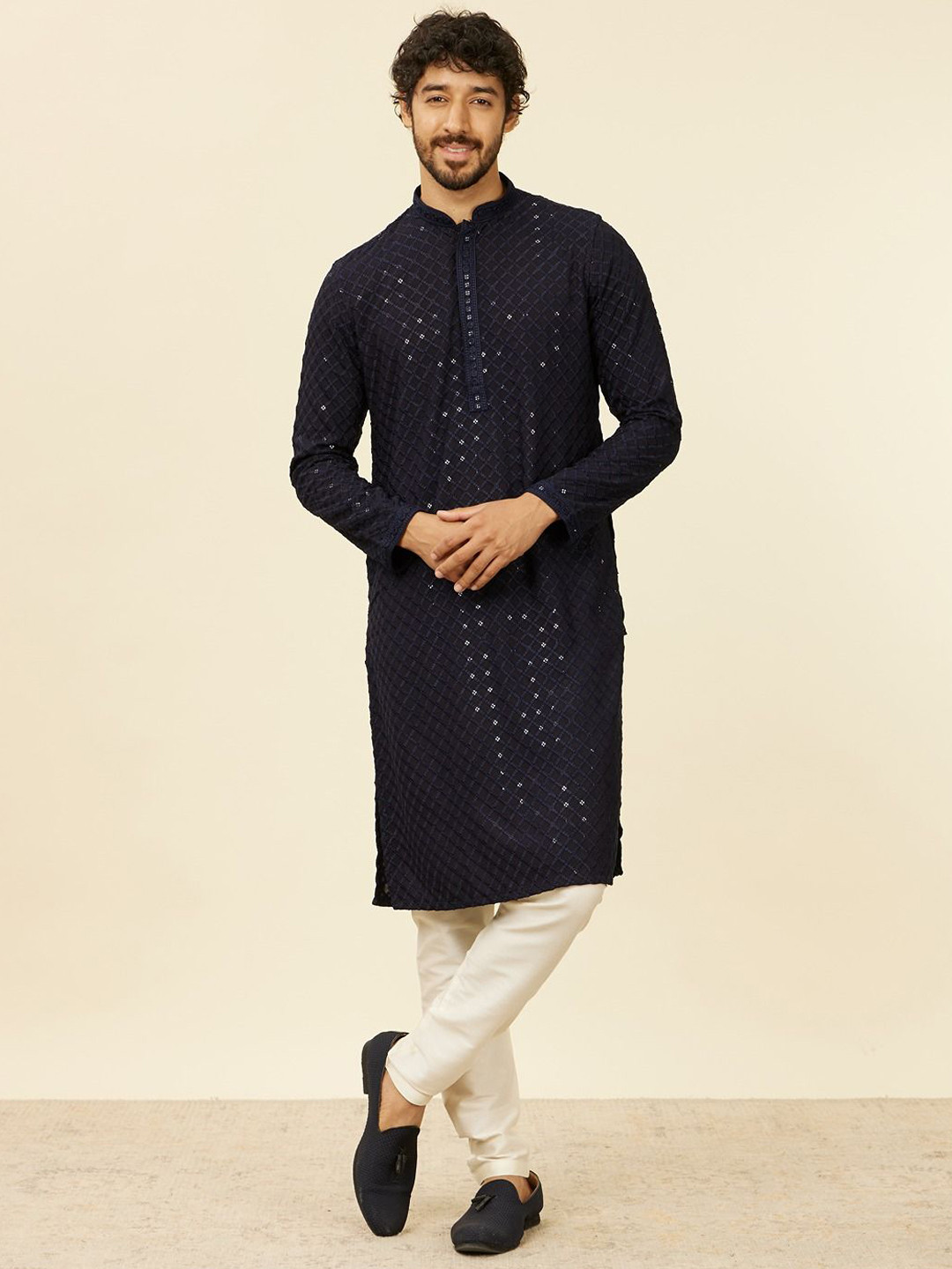 Manyavar Men Viscose Embroidery Sequin Work Kurta Pyjama Set
