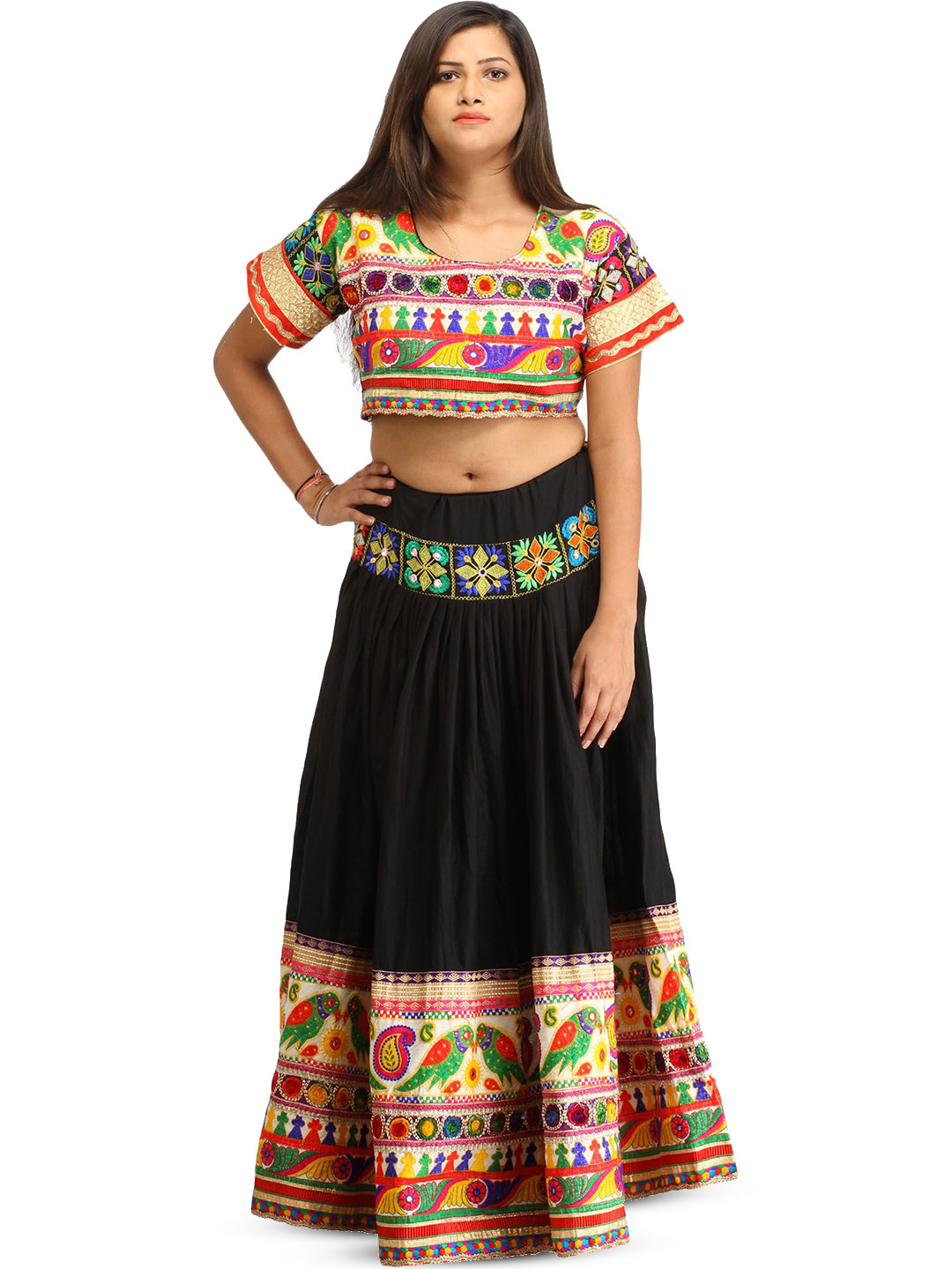 Exotic India Phantom Black Two-Piece Lehenga Choli with Embroidered Parrots and Mirrors
