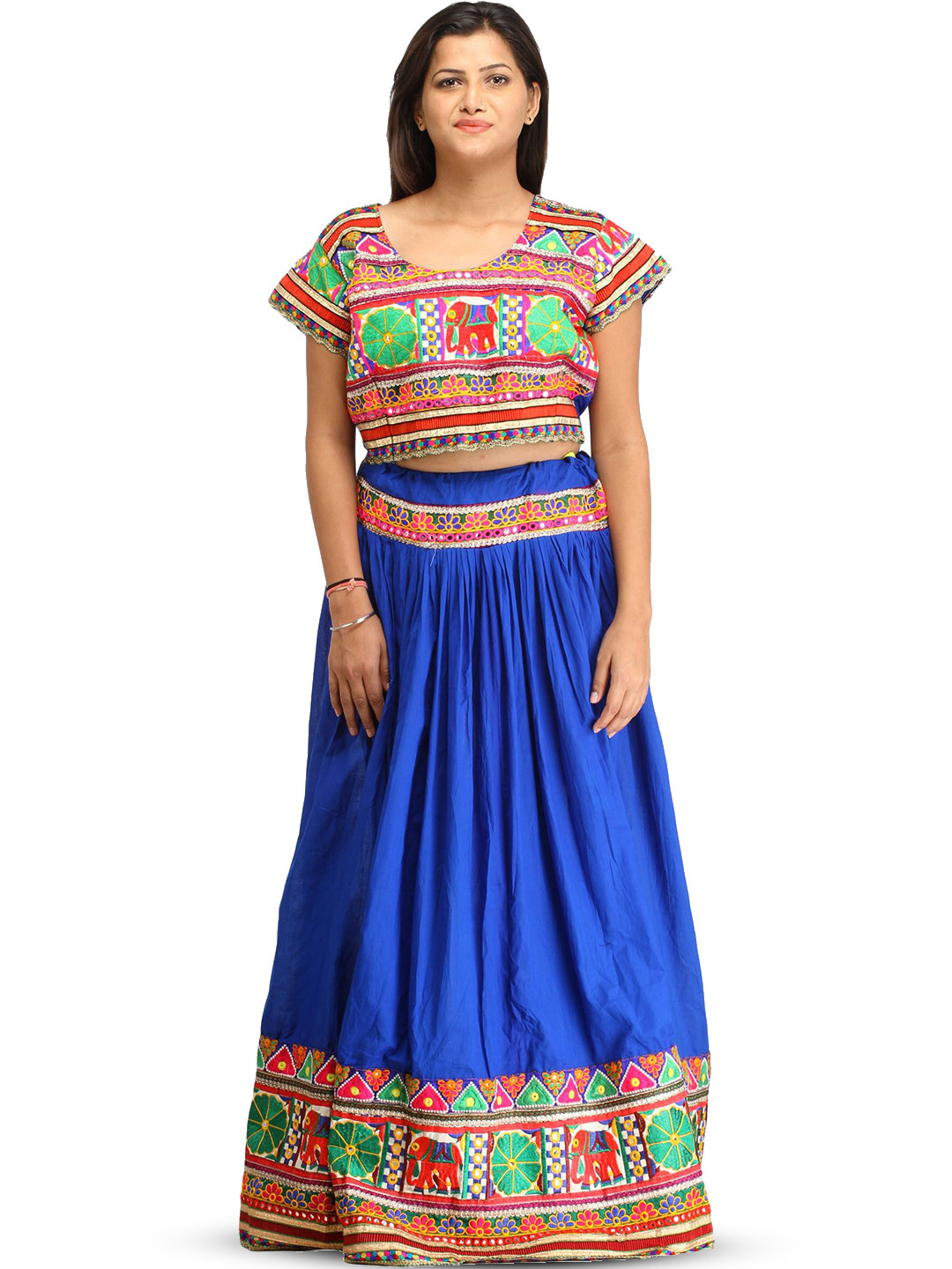Exotic India Nautical Blue Embroidered Two-Piece Lehenga Choli with Elephants and Mirrors