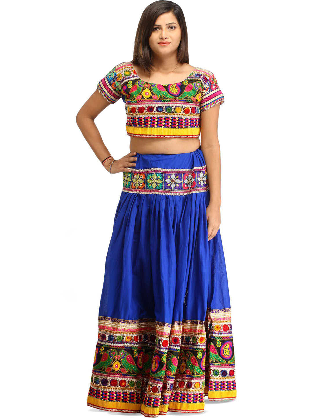Exotic India Blue Two-Piece Embroidered Lehenga Choli with Mirrors and Parrots on Border