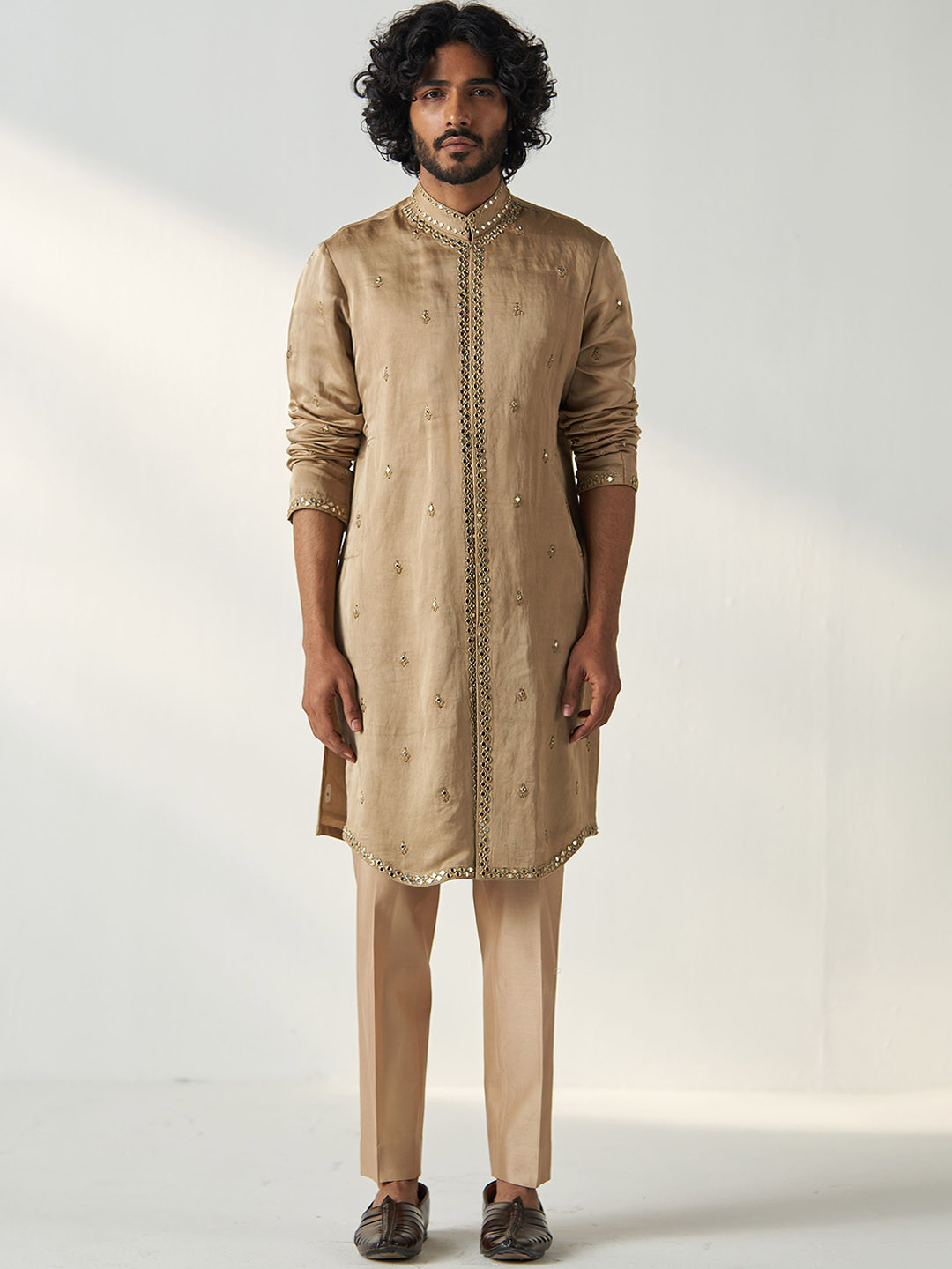 STUDIO BAGECHAA Men Embroidered Regular Mirror Work Chanderi Silk Kurta with Trousers