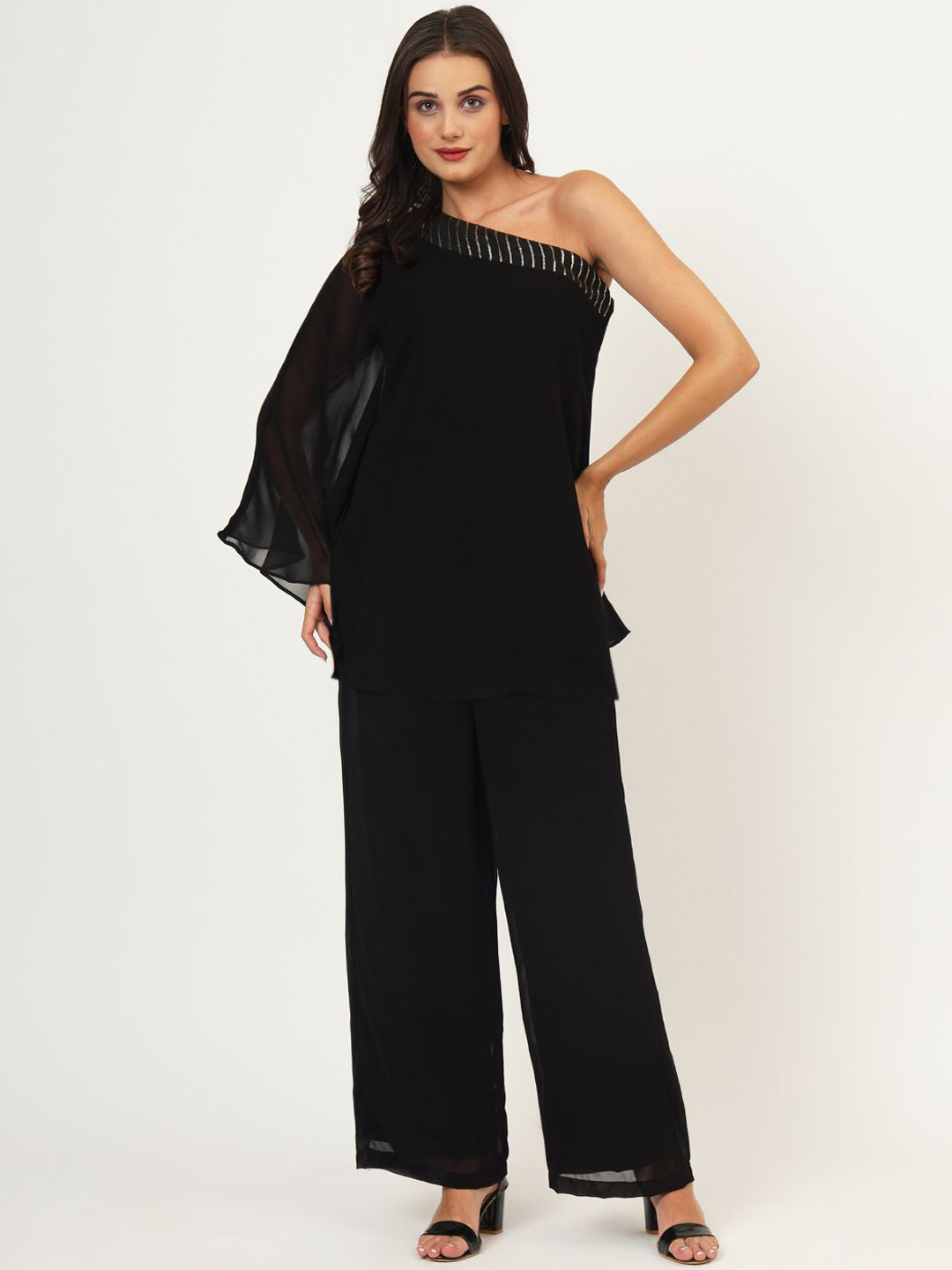 studio rasa Women Solid Sequin Embroidered One-shoulder Top & Palazzos Co-Ords