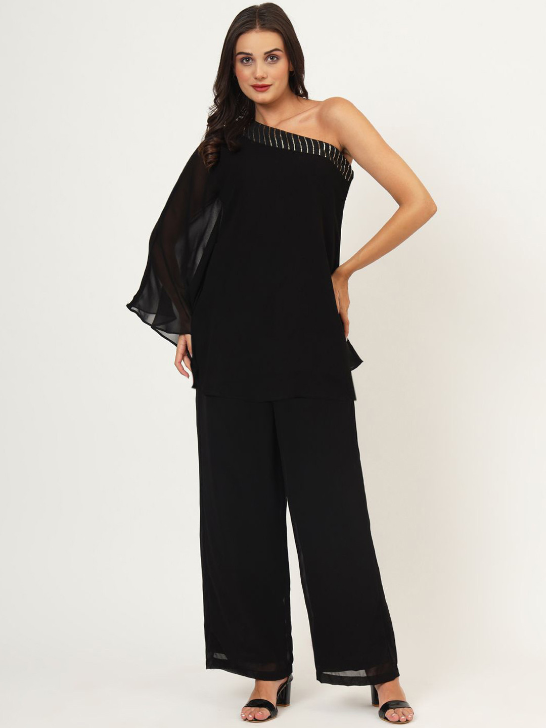studio rasa Women Solid Sequin Embroidered One-shoulder Top & Palazzos Co-Ords Set