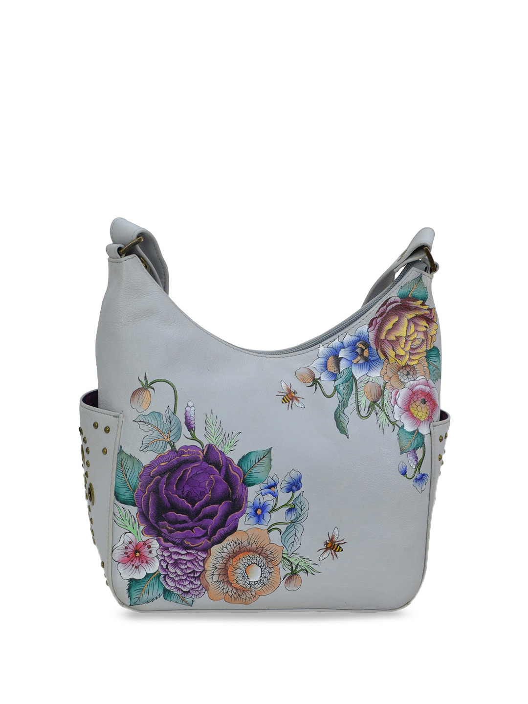 Anuschka Women Floral Charm Hand Painted Leather Classic Hobo With Studded Side Pockets