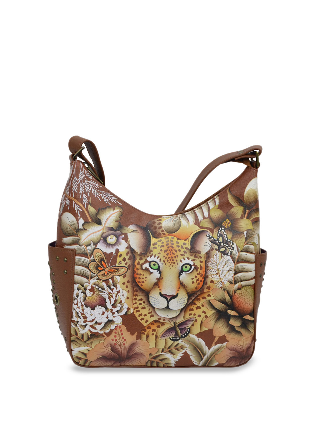Anuschka Women Cleopatra's Leopard Tan Hand Painted Leather Hobo With Studded Side Pockets