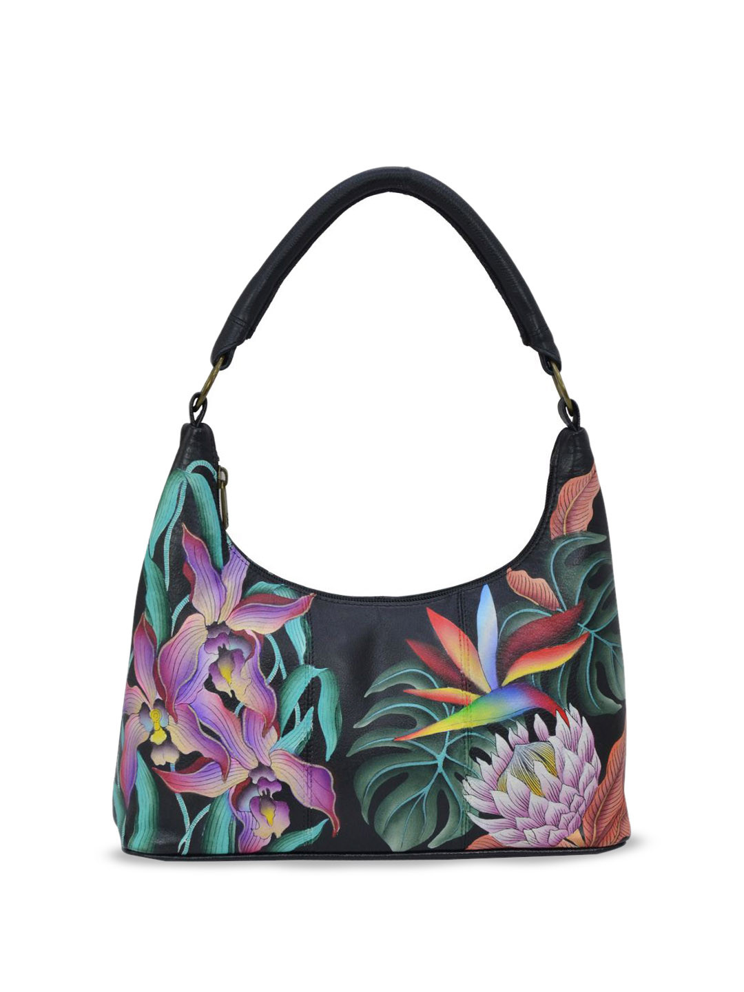 Anuschka Women Island Escape Black Hand Painted Leather Medium Zip Top Hobo