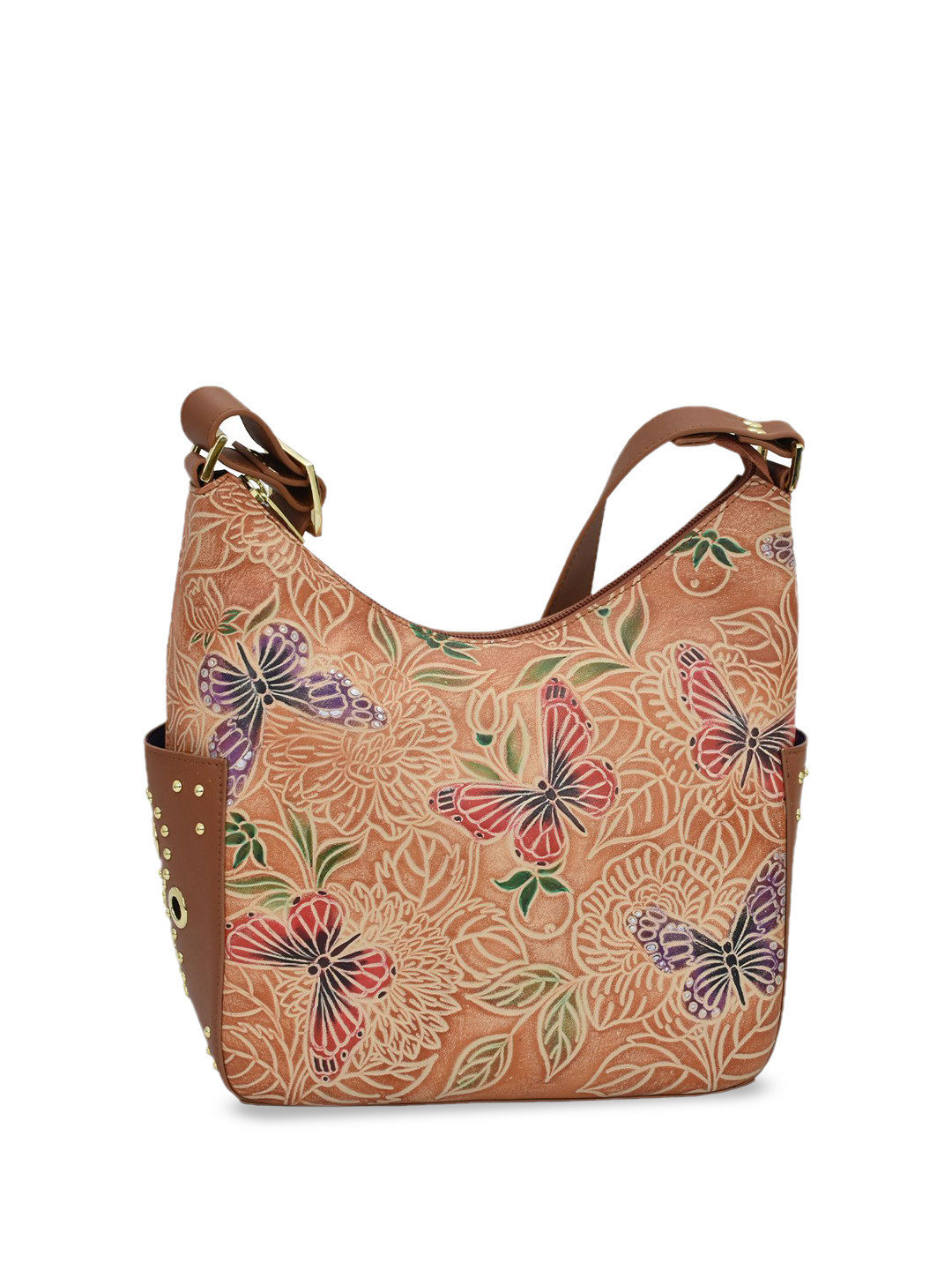 Anuschka Women Tooled Butterfly Multi Hand Painted Leather Hobo With Studded Side Pockets
