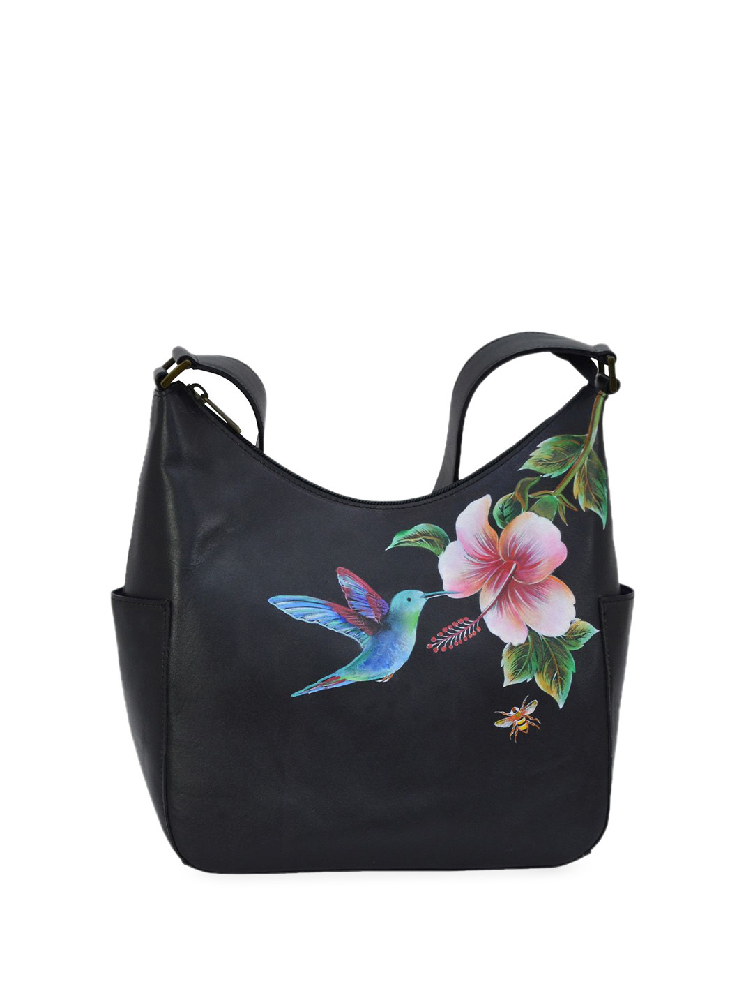 Anuschka Women Hummingbird Black Hand Painted Leather Classic Hobo