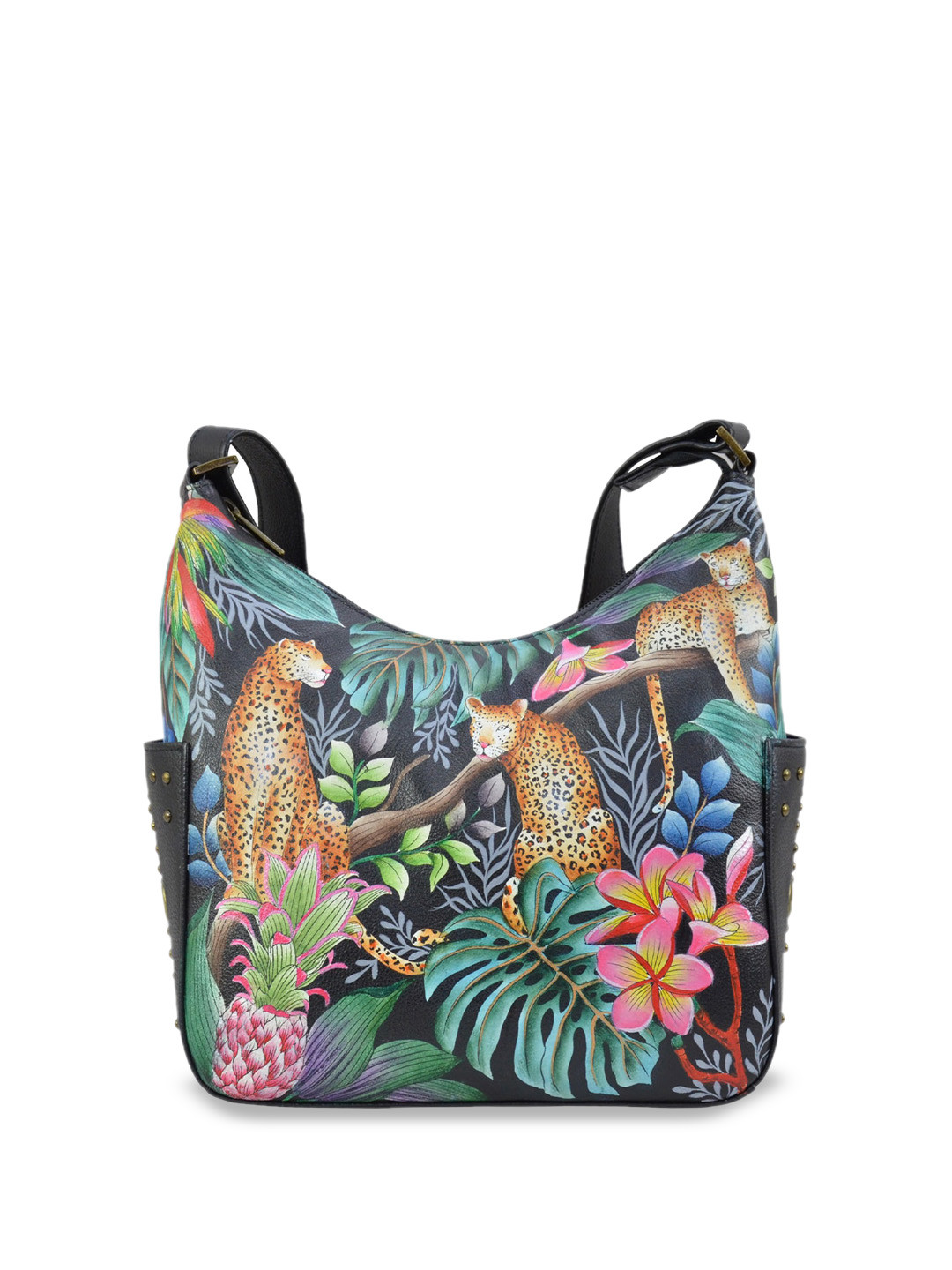 Anuschka Women Jungle Queen Hand Painted Leather Classic Hobo With Studded Side Pockets