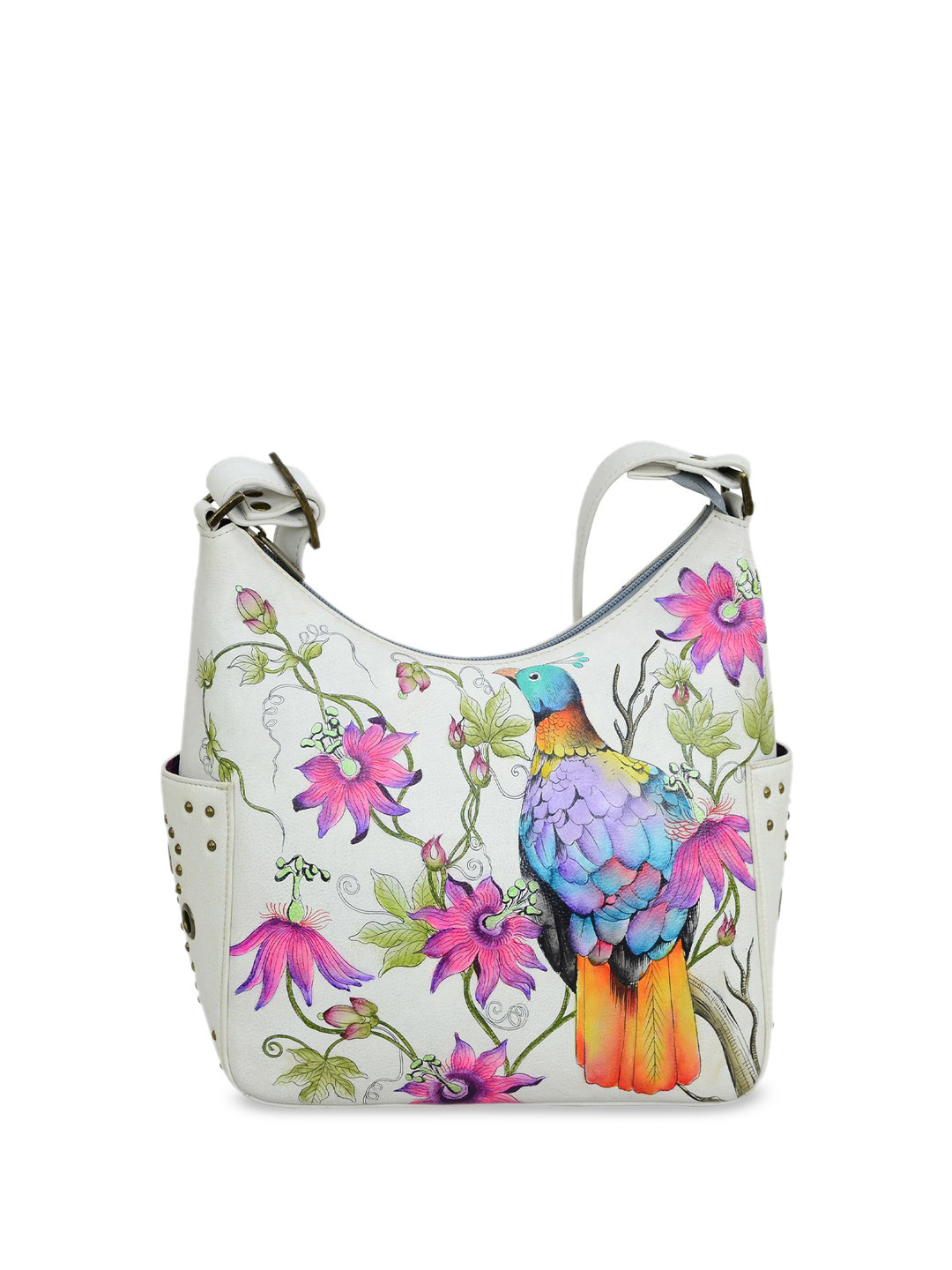 Anuschka Women Himalayan Bird Hand Painted Leather Classic Hobo With Studded Side Pockets