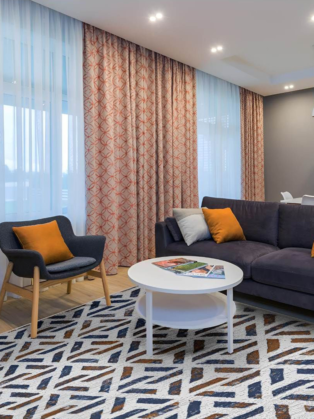 Sapana Carpet-Mats White & Blue Geometric Anti-Skid Polypropylene Carpet