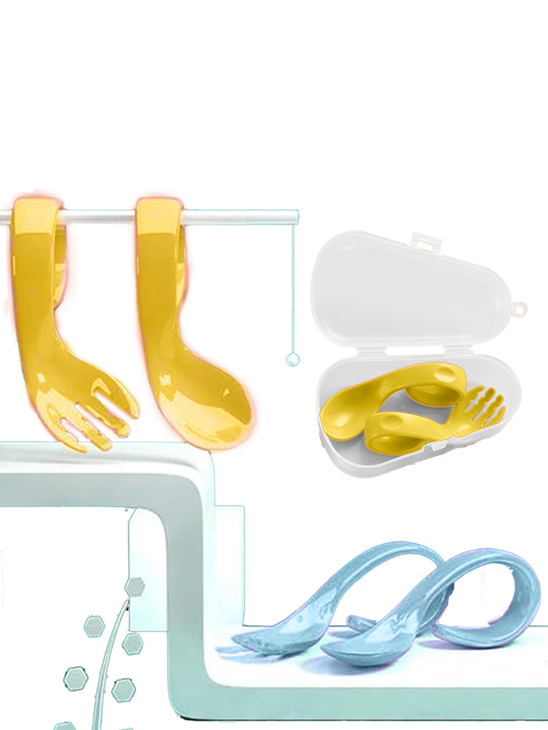 Babymoon 3-Pcs Yellow & Blue Spoon Fork & Storage Box Food Feeders