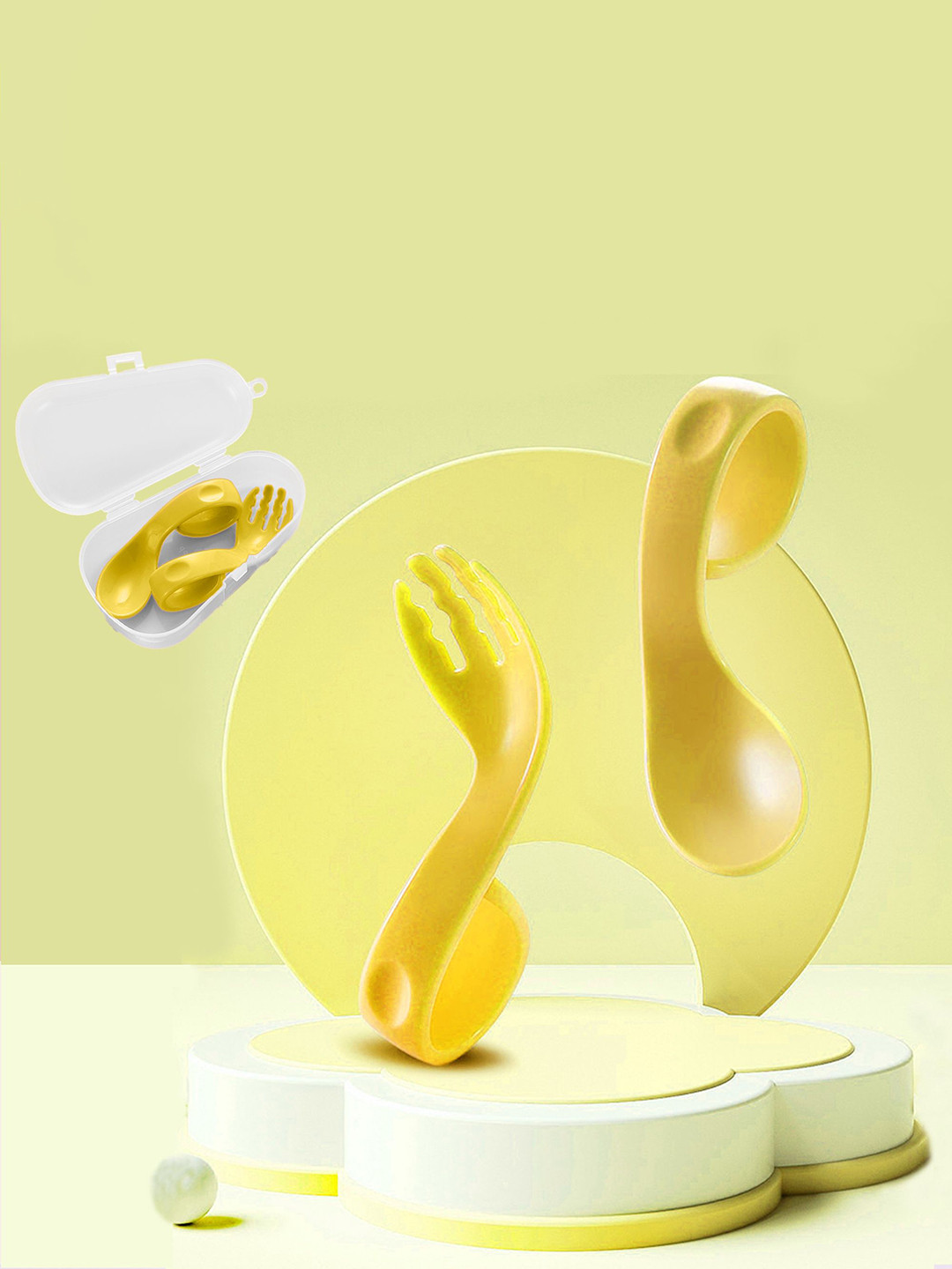 Babymoon Infants 3Pcs Yellow Learn to Eat Fork & Spoon Set