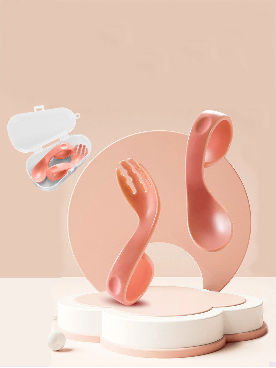 Babymoon Infants Pink Silicone Spoon & Fork with Storage Box