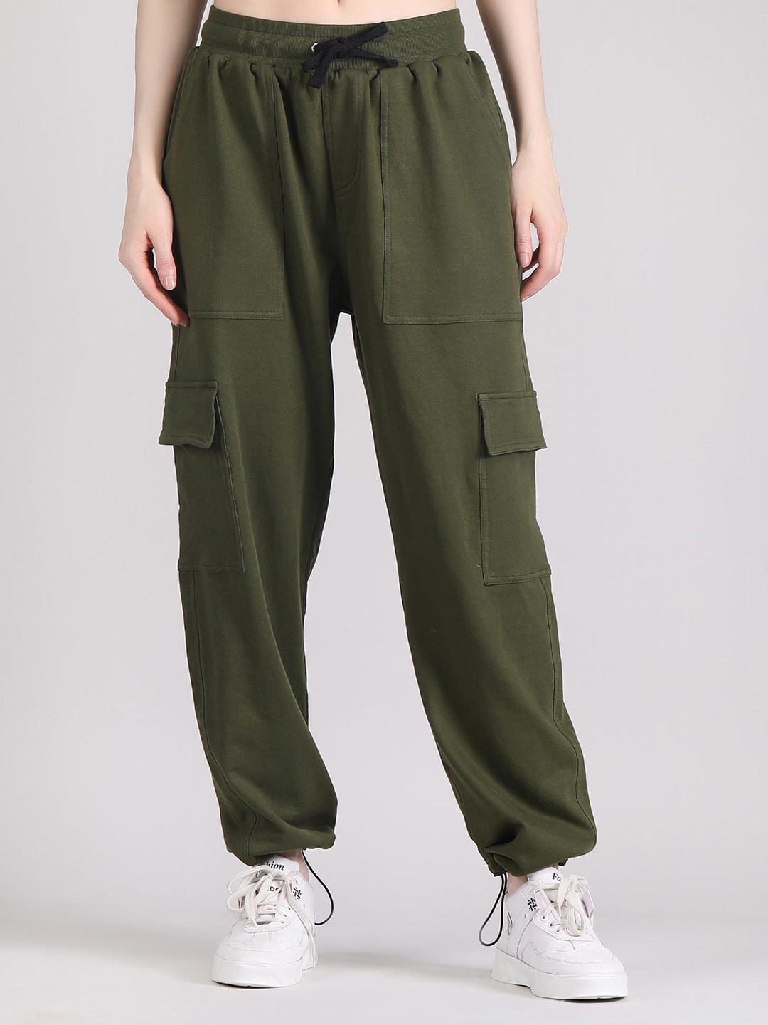 Raxedo Women Mid Rise Loose Fit Pure Cotton Cargo Joggers