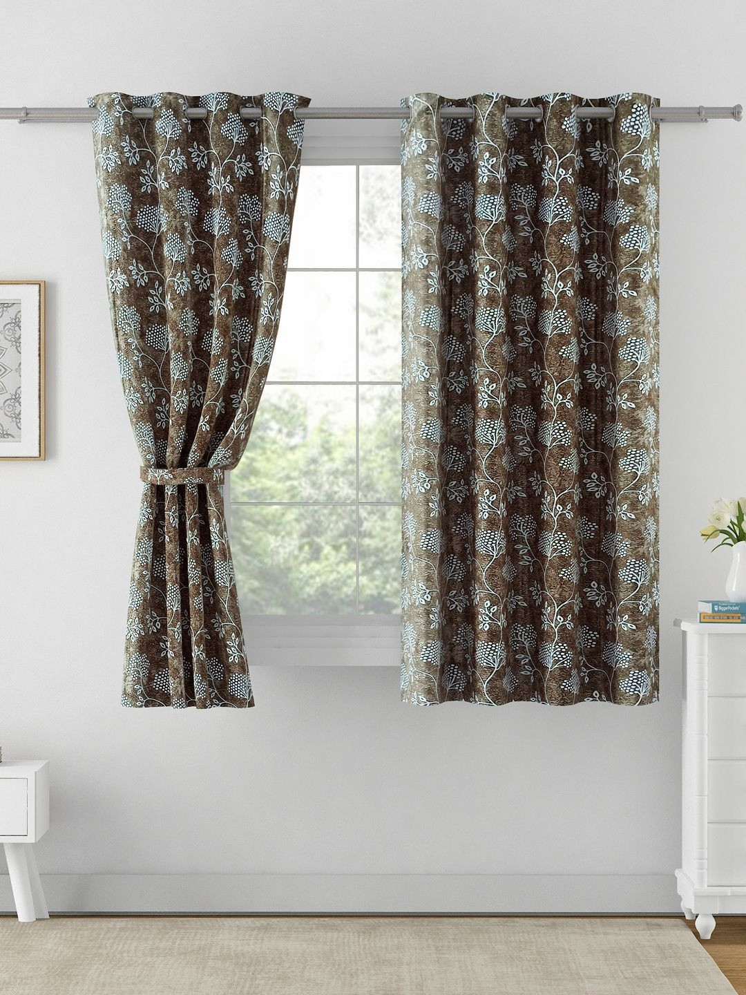 Aura Brown & White 2 Pieces Floral Printed Window Curtains