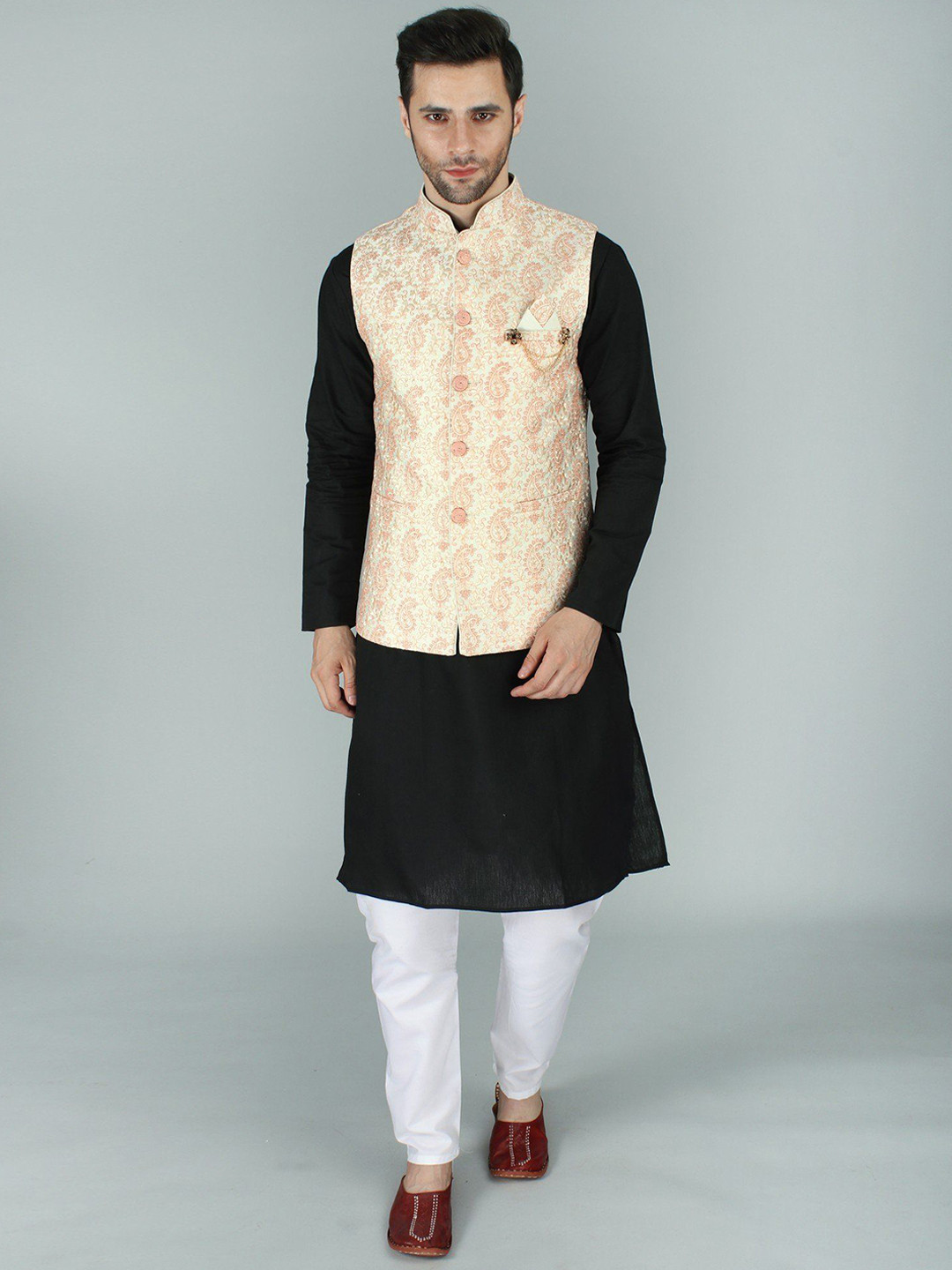 Exotic India Paisley Jacquard Silk Modi Jacket Waist Coat with Sequin-Thread Embroidery