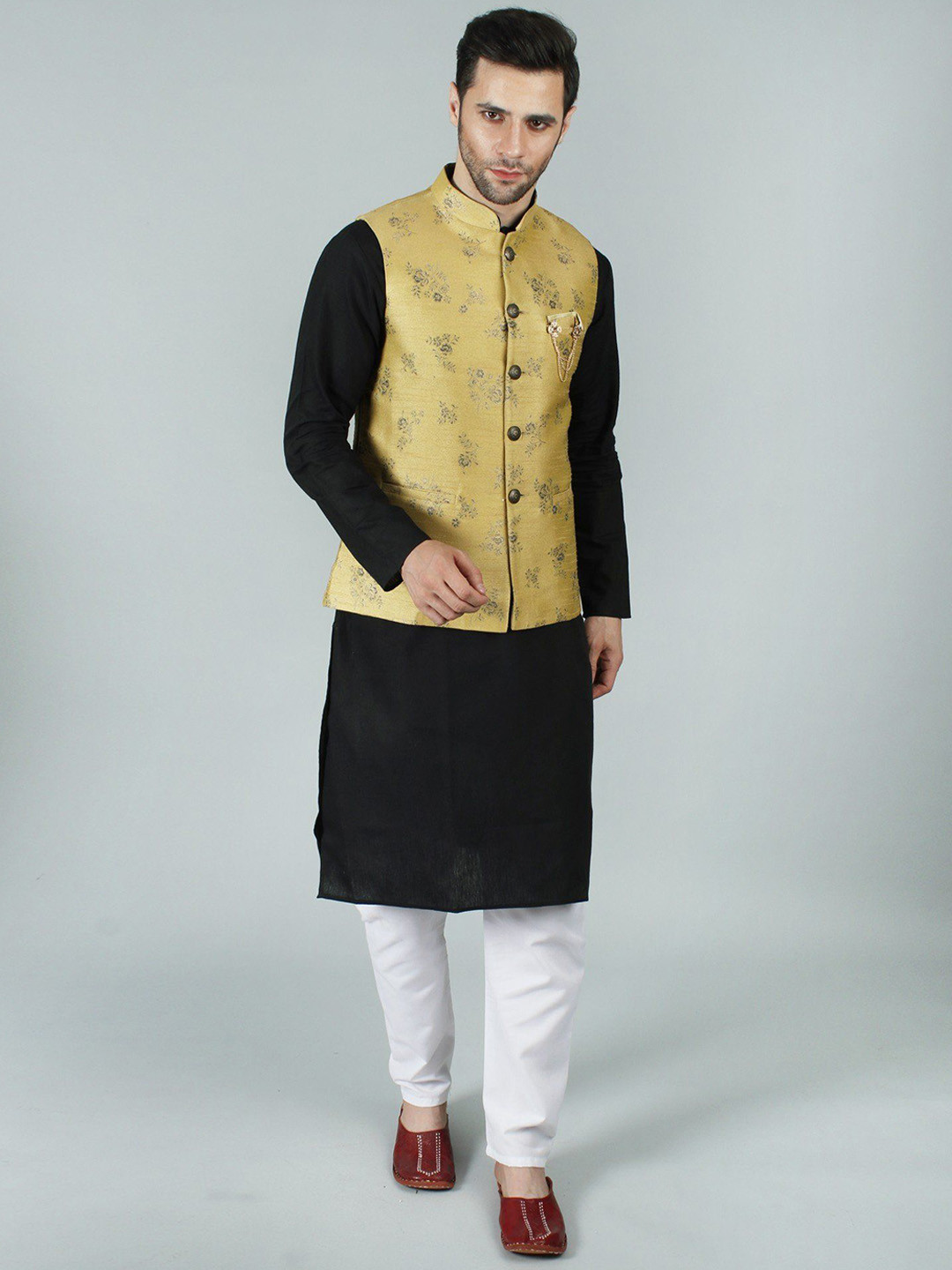 Exotic India Fall Leaf Brocaded Modi Jacket Waist Coat with Golden Floral Motif