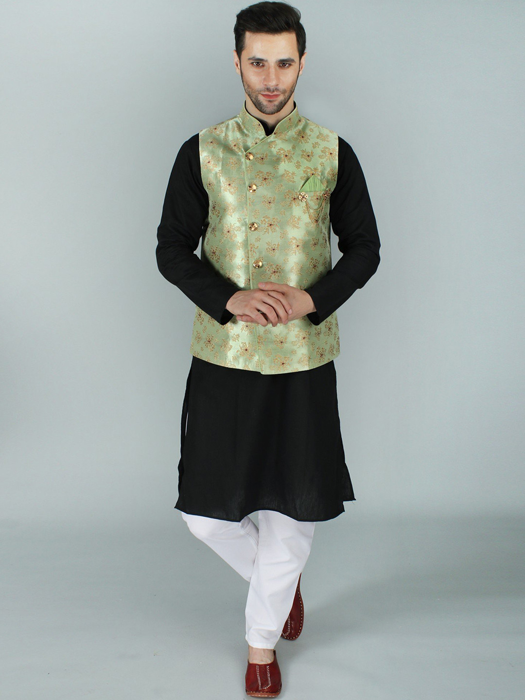 Exotic India Foam Green Asymmetric Gold Brocade Ethnic Modi Jacket Waist Coat