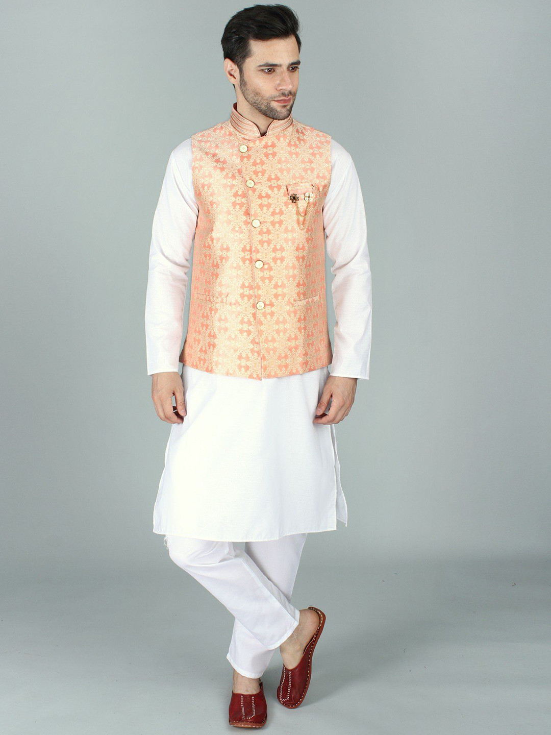 Exotic India Asymmetric Jacquard Silk Modi Pearl Nehru Jacket