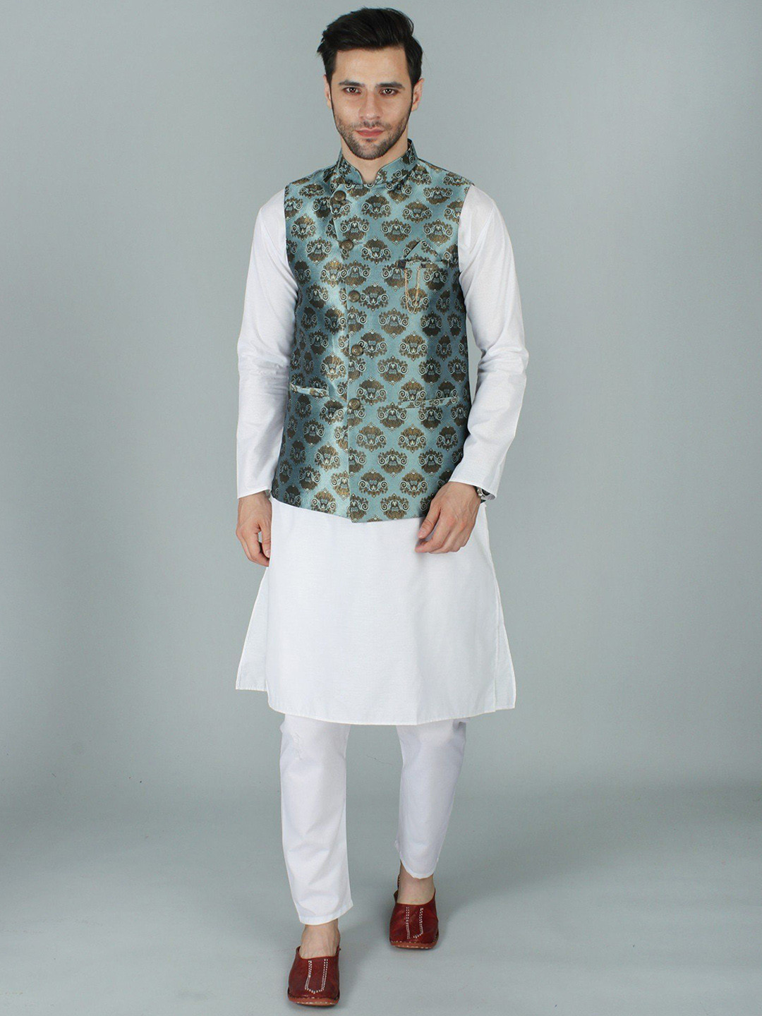 Exotic India Asymmetric Gold Brocade Modi Nehru Jacket