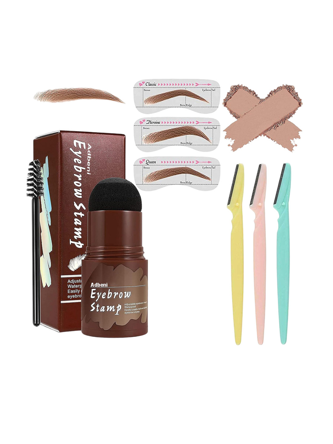 Adbeni Eyebrow & Hair Stamp Powder 24g - Light Brown With Set Of 3 Twinkle Razor