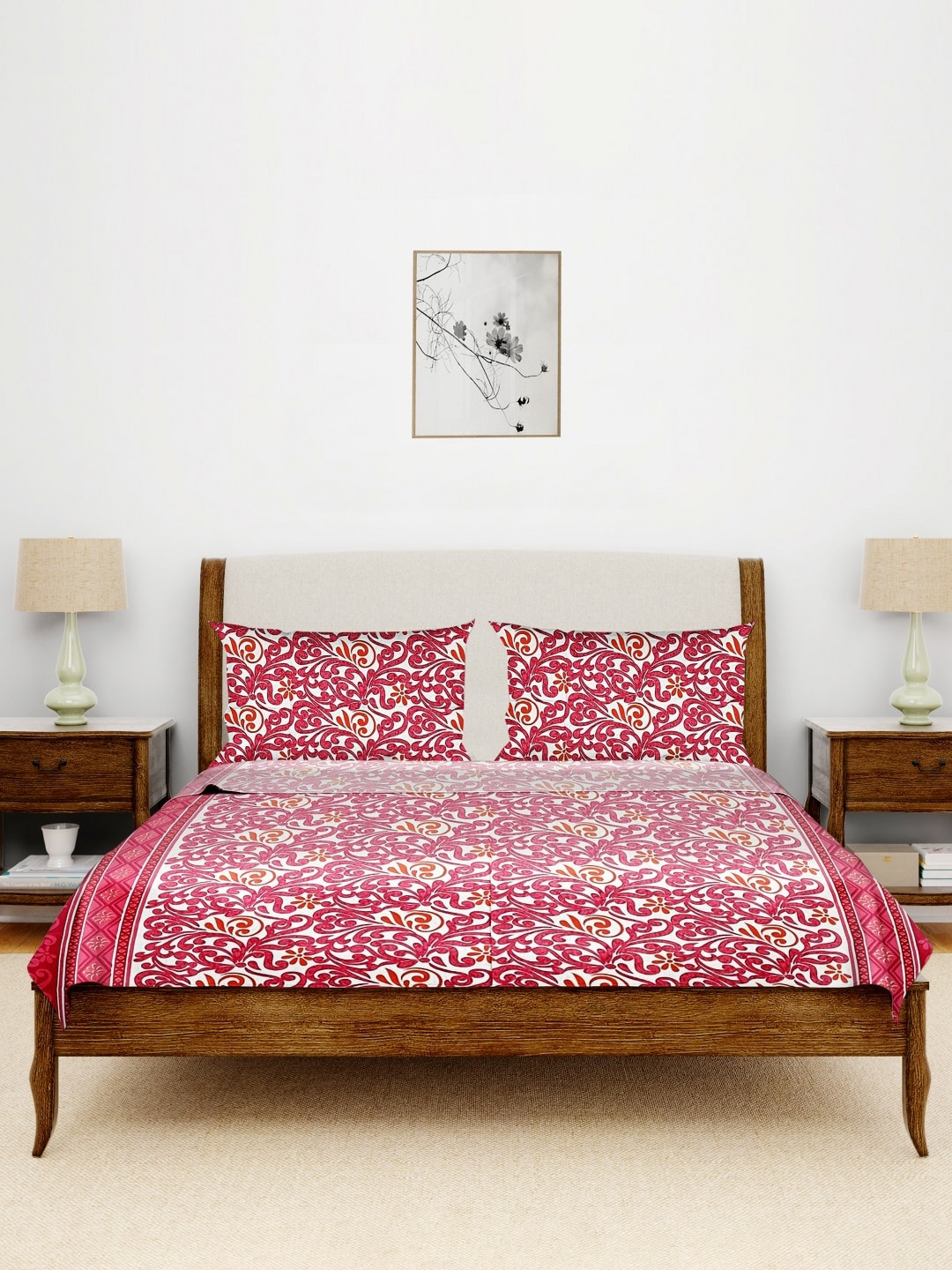 Aura Monalisa Midas Red Floral Cotton 140 TC King Bedsheet with 2 Pillow Covers-90 x 100 inches
