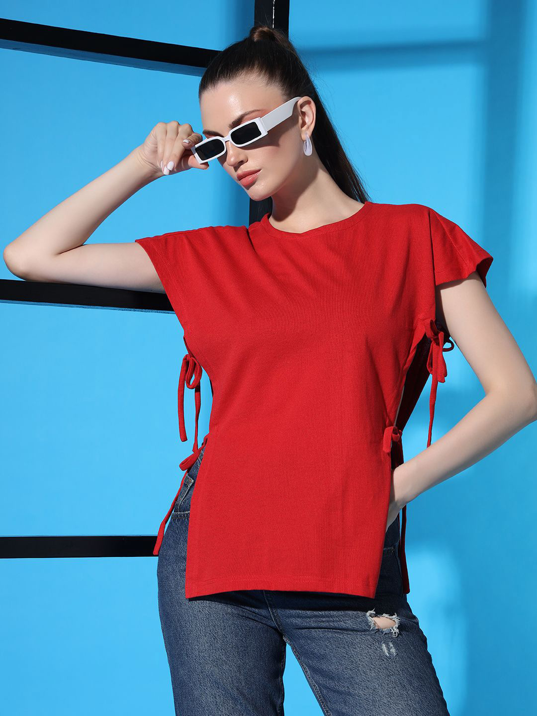 STHULAS Women Round Neck Tie-Ups Solid Cherry Red Pure Cotton Top