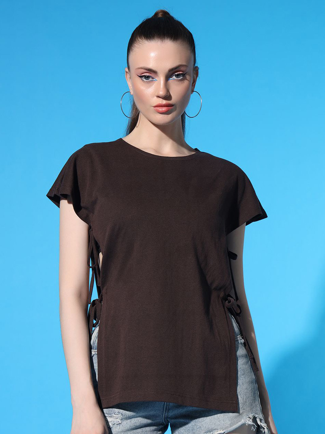 STHULAS Women Side Cut Tie- Ups Round Neck Cotton T-shirt