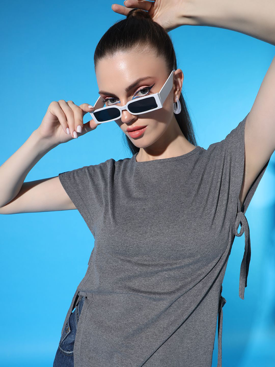 STHULAS Women Side Cut Tie- Ups Round Neck Cotton T-shirt