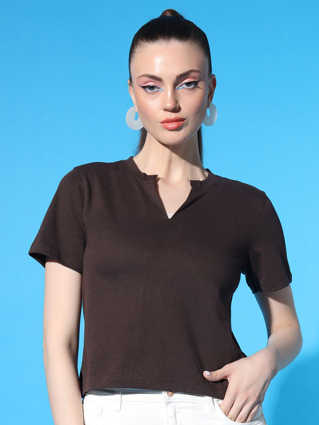 STHULAS Women Solid V-Neck Notched Cotton T-shirt
