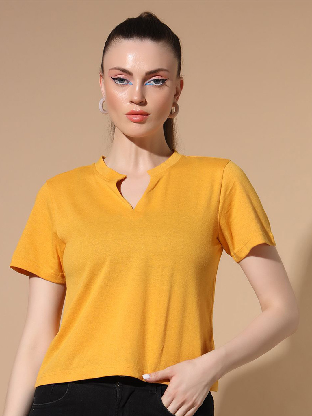 STHULAS Women Solid Round Neck Notched Crop T-shirt