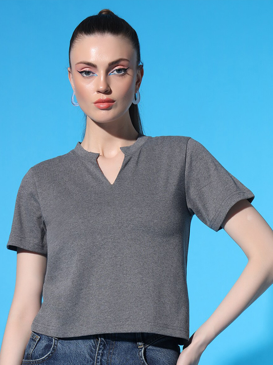 STHULAS Women Solid V-Neck Notched Crop T-shirt