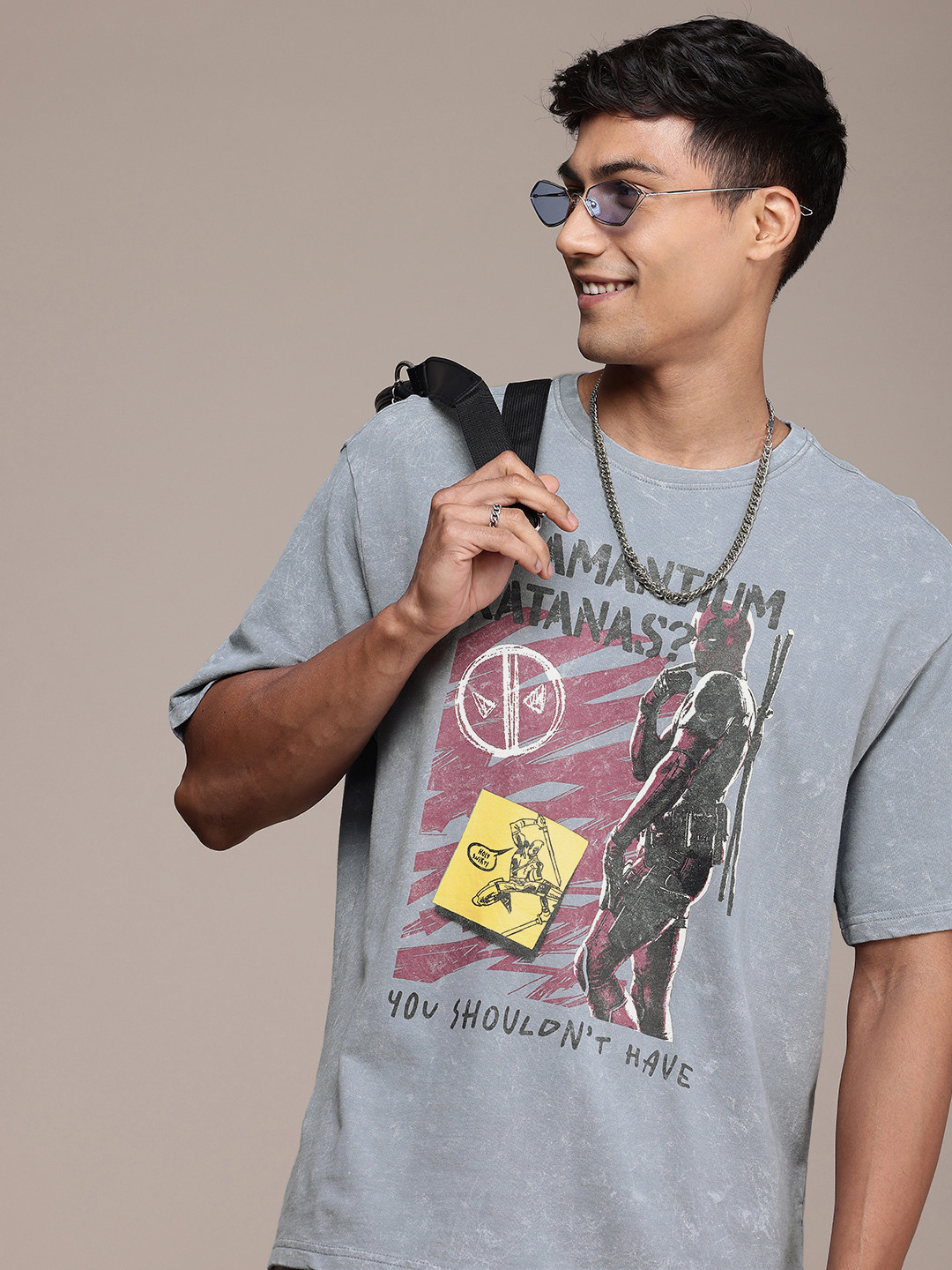 WROGN Deadpool Printed Drop-Shoulder Sleeves Washed Effect  Cotton Oversized T-shirt