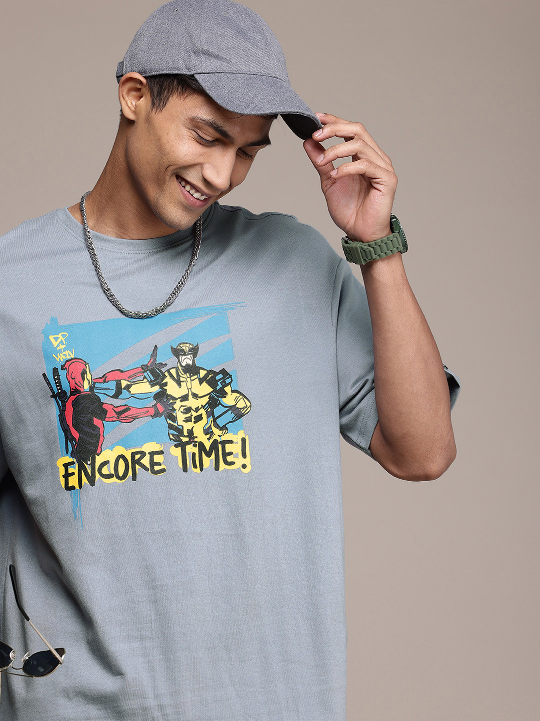 WROGN Deadpool Printed Drop-Shoulder Sleeves  Cotton Oversized T-shirt