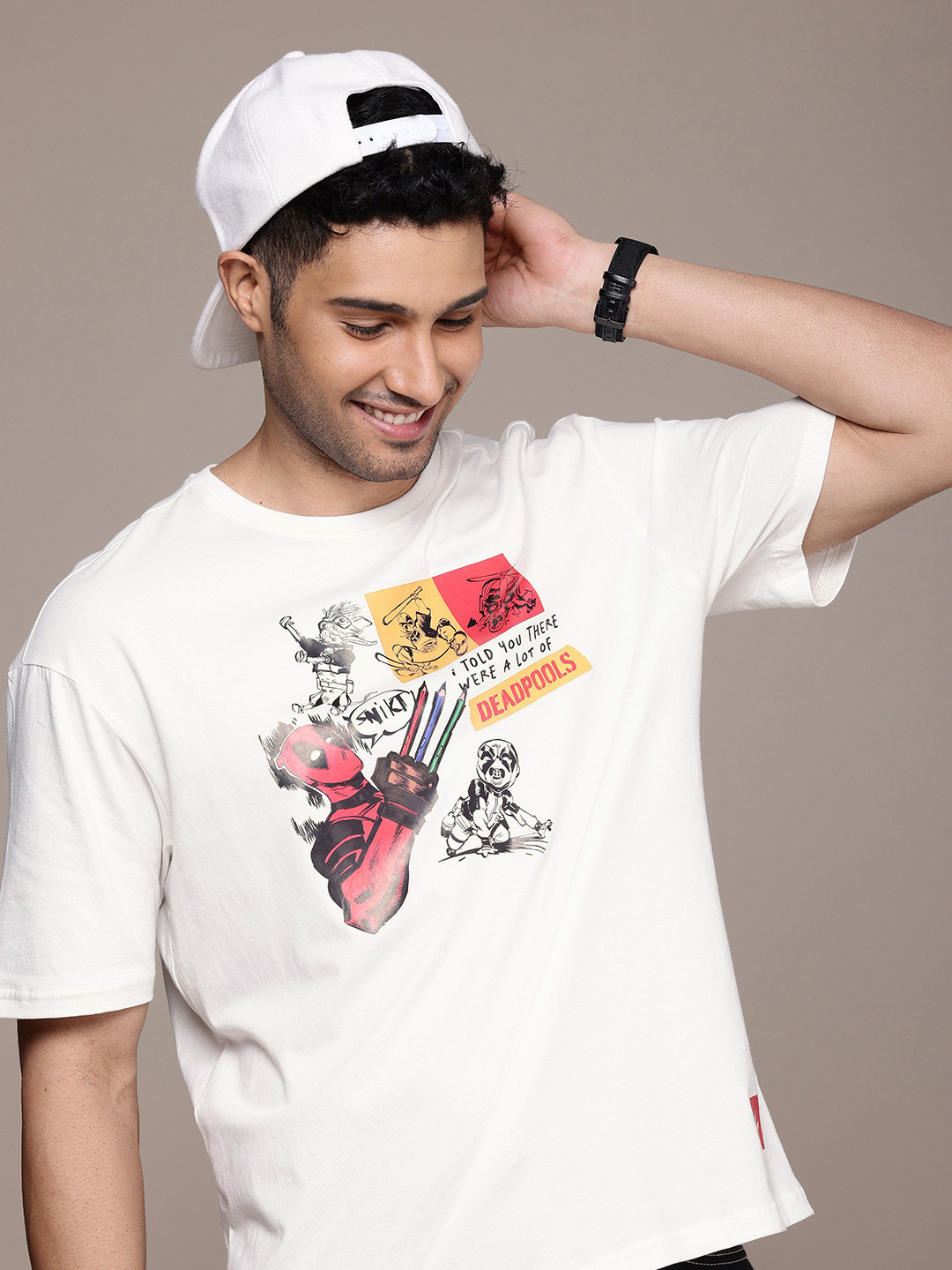 WROGN Deadpool Printed Drop-Shoulder Sleeves  Cotton Oversized T-shirt