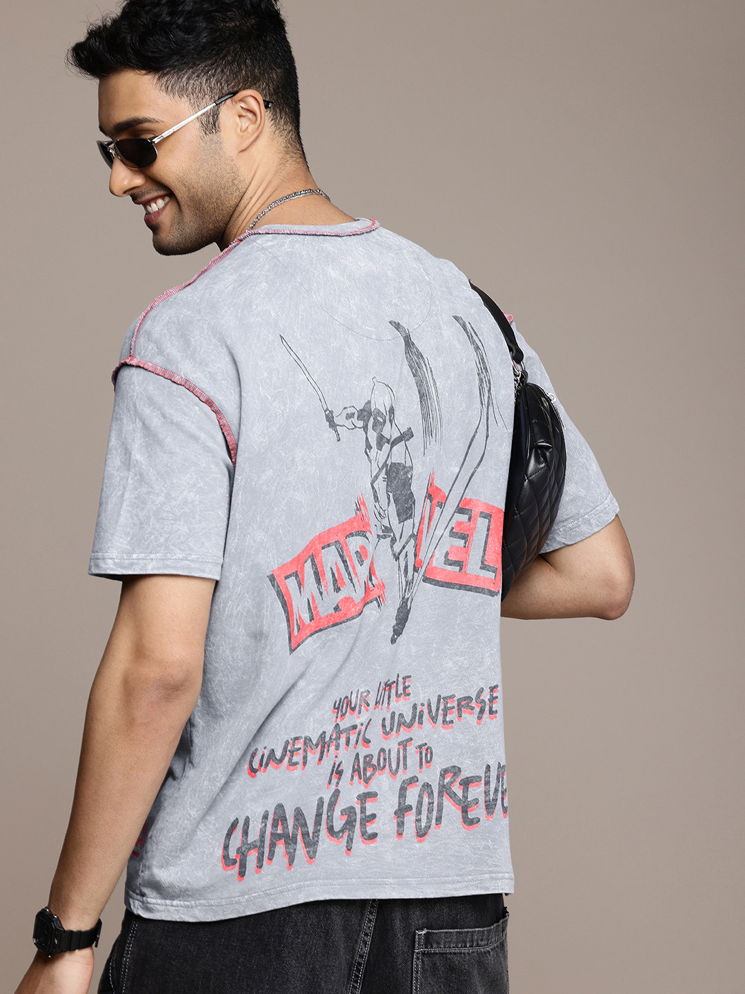 WROGN Deadpool Printed Drop-Shoulder Sleeves Washed  Cotton Oversized T-shirt