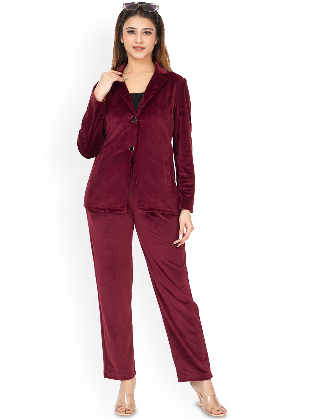 TWENTY ME Self Design Shirt-Collar Top With Trousers Co-Ords