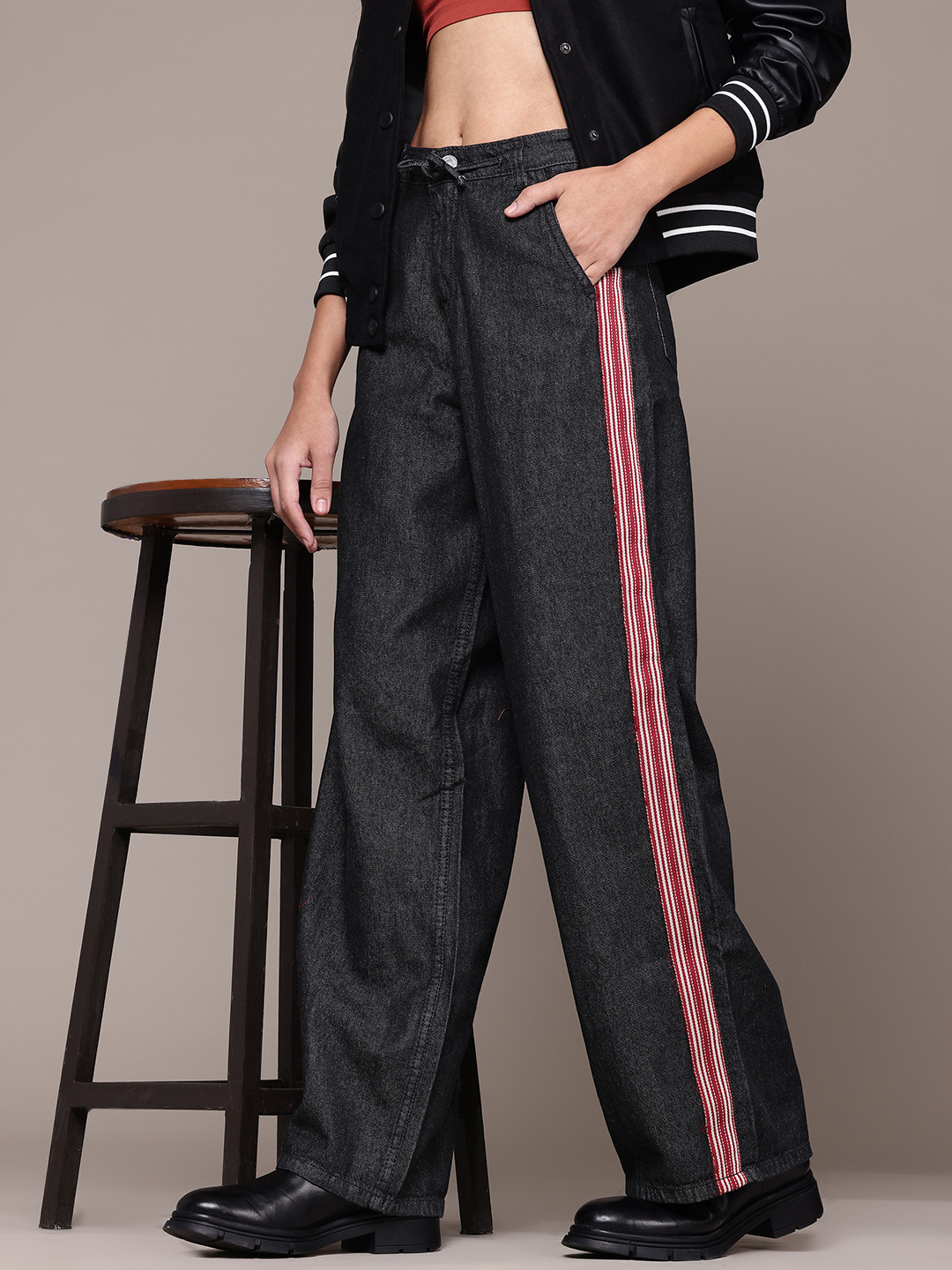 The Roadster Lifestyle Co. Women Pure Cotton Wide Leg Low-Rise Jeans with Side-Stripes
