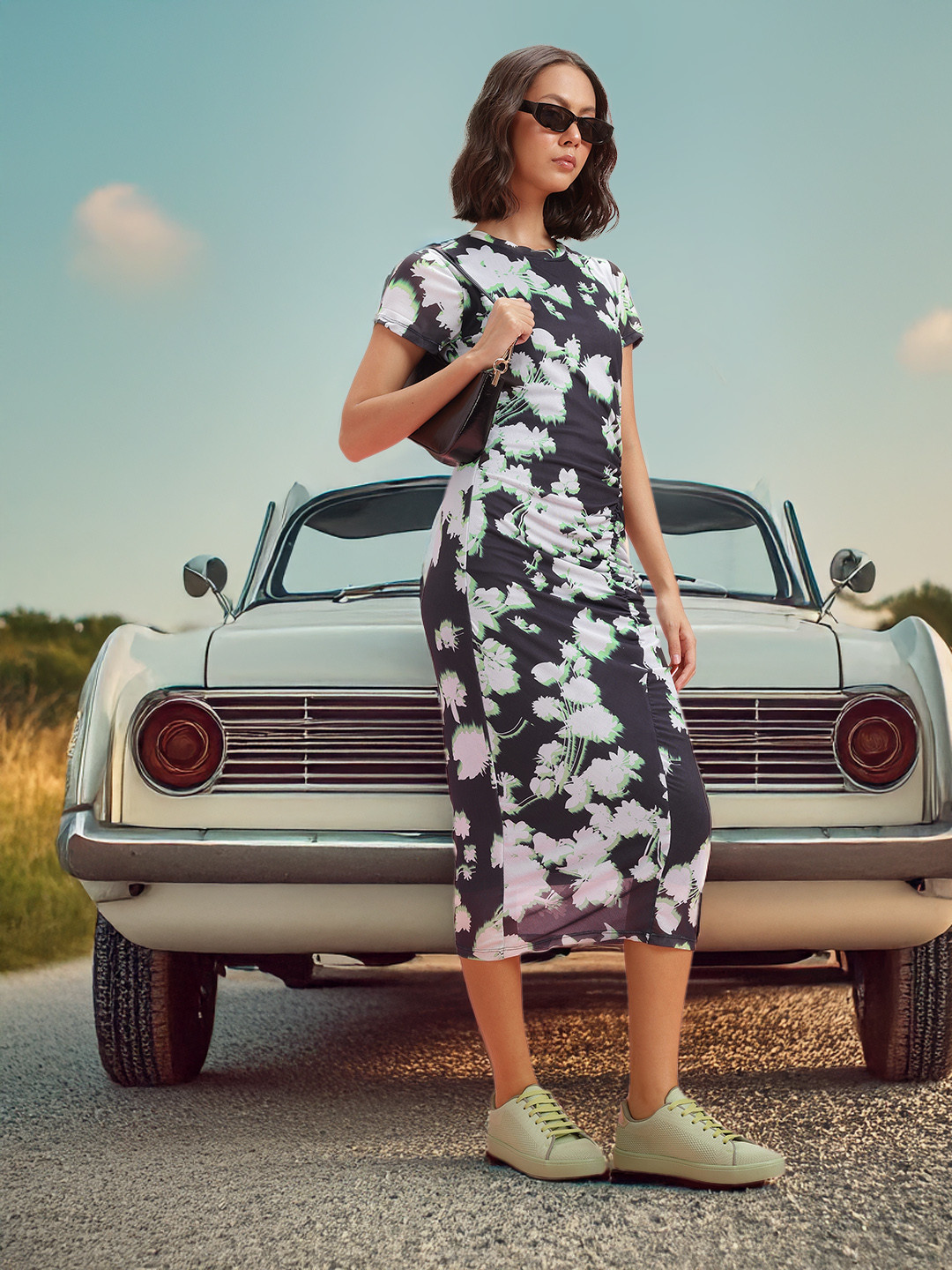 DressBerry Floral Print Ruched Mesh Bodycon Midi Dress